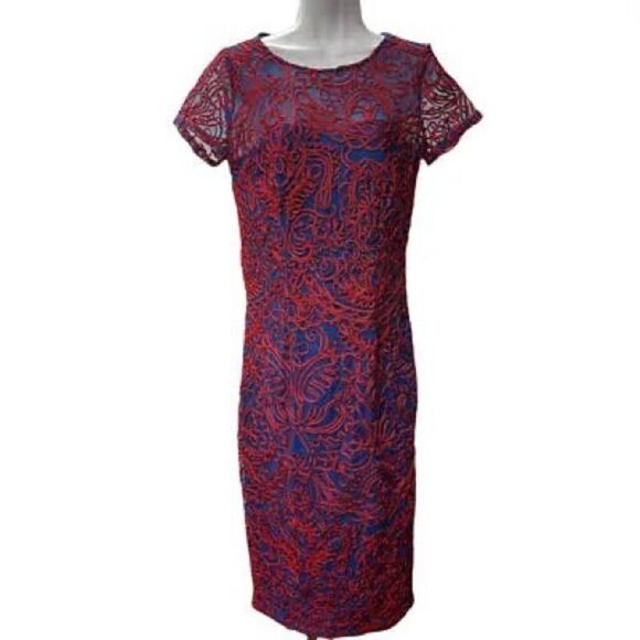 Women Red Blue J.S. Collections Soutache Chiffon Cocktail Embroidery Dress Sz 2 - Picture 2 of 6